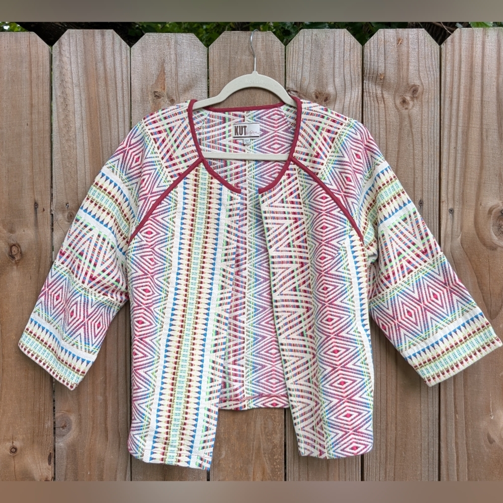 Kut from the Kloth Multicolor Aztec Boho Patterned 3/4 Sleeve Cotton Blazer